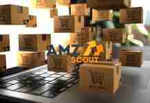AMZScout Amazon Kickstarter Pack review (2023) AMZScout logo with small shipping packages on a notebook