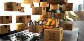 AMZScout logo with small shipping packages on a notebook