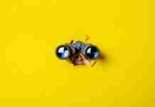 Spyware explained: What is it and how to remove it (2025) Spyware concept hand holds black binoculars on a yellow background.
