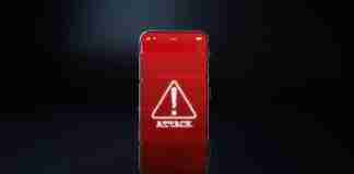 Digital iPhone isolated on black banner with cyber attack warning