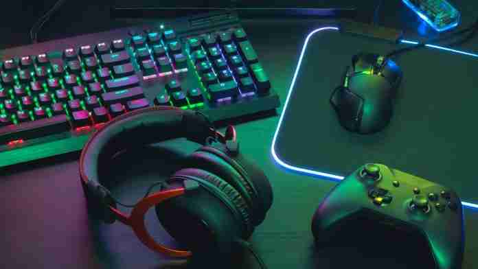 Gamer work space desk with keyboard headset mouse controller Gamer work space desk with keyboard headset mouse controller for Meshnet