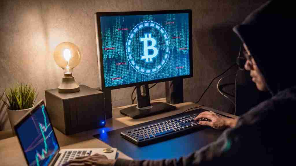 Hooded man crypto mining by using cryptojacking Hooded man crypto mining by using cryptojacking