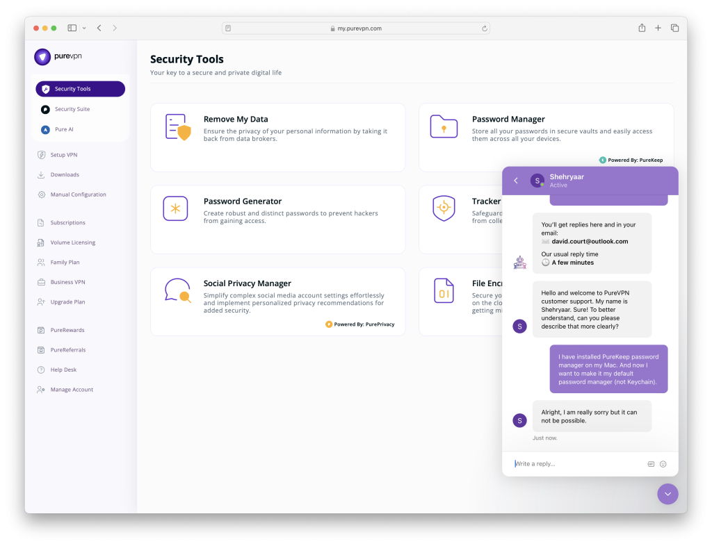 PureVPN review 2025 - PureKeep 24:7 chat