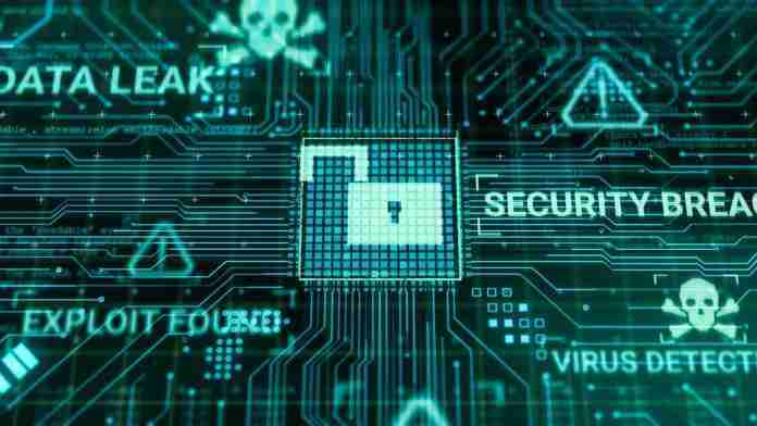 Microchip processing data through computer motherboard circuit Data breach with security chip unlock concept