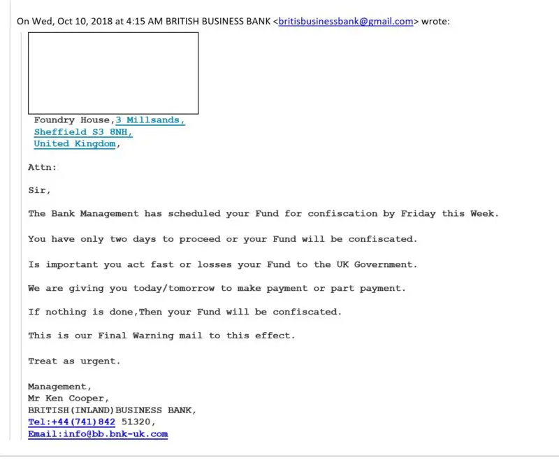 Example scam email from British Bank Business Example scam email from British Bank Business