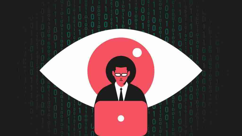 Man on laptop watched by AI concept Man on laptop watched by AI eye concept