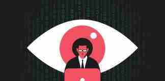 Man on laptop watched by AI eye concept