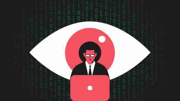 Giant eye watching at man working at the computer illustration Man on laptop watched by AI eye concept