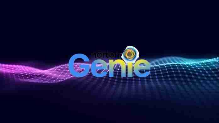 Futuristic moving wave. Digital background with moving glowing particles and lines. Big data visualization. 3d rendering Norton Genie logo on tech concept background