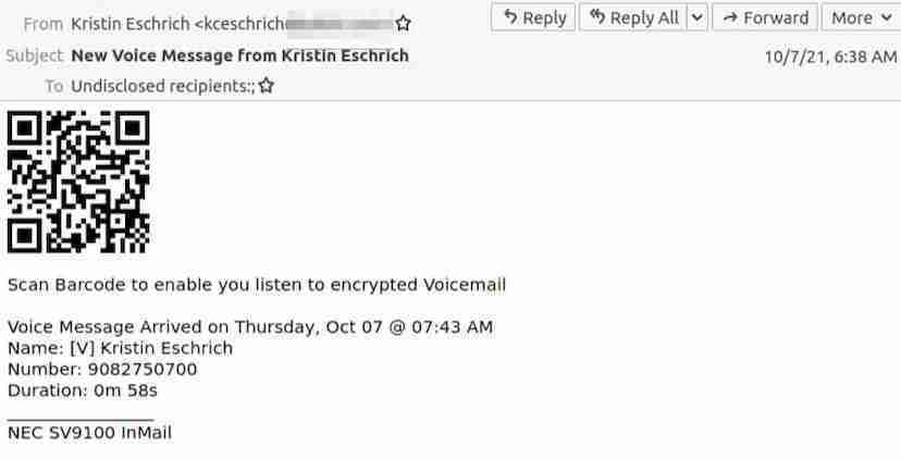 Phishing email with QR code Example of phishing emails with QR code asking to scan for voicemail