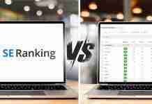 SE Ranking vs. Check Position: Which should you choose? (2025) SE Ranking vs Check Position logos on laptops